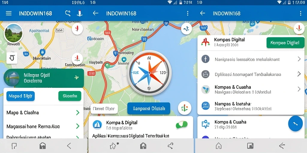 Antarmuka aplikasi INDOWIN168 menampilkan kompas dan peta navigasi.