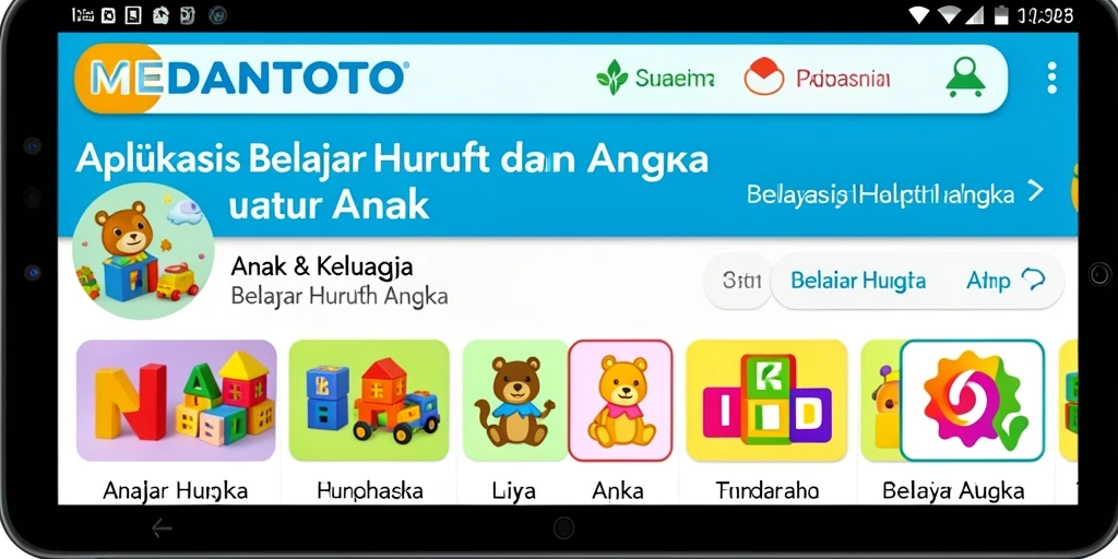 Antarmuka aplikasi MEDANTOTO untuk belajar huruf dan angka.